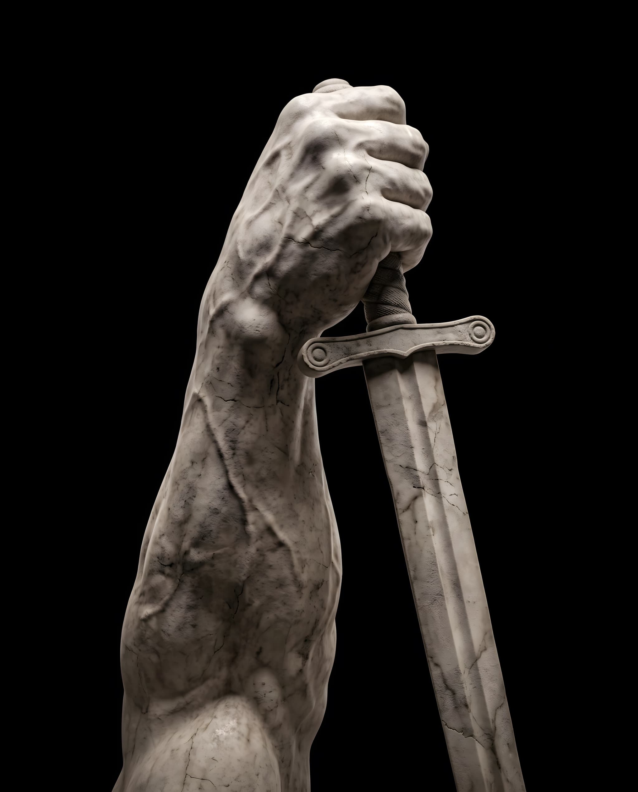 Classical fist gripping sword sculpture detailed view